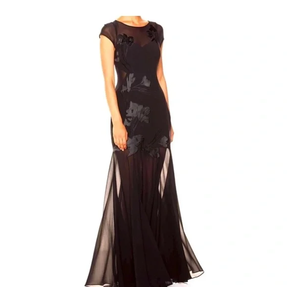 NWT Halston Heritage Women's size 2 Cap Sleeve semi sheer w/ floral embroidery - Picture 2 of 9